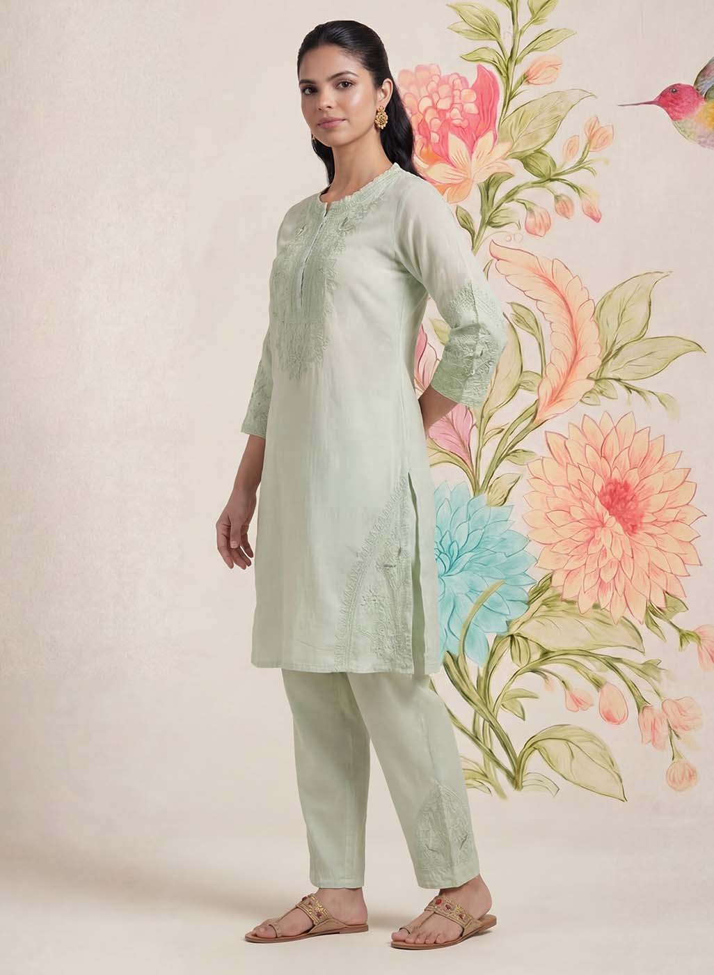 Suroor Mint Green Embroidered Chanderi Kurta Set