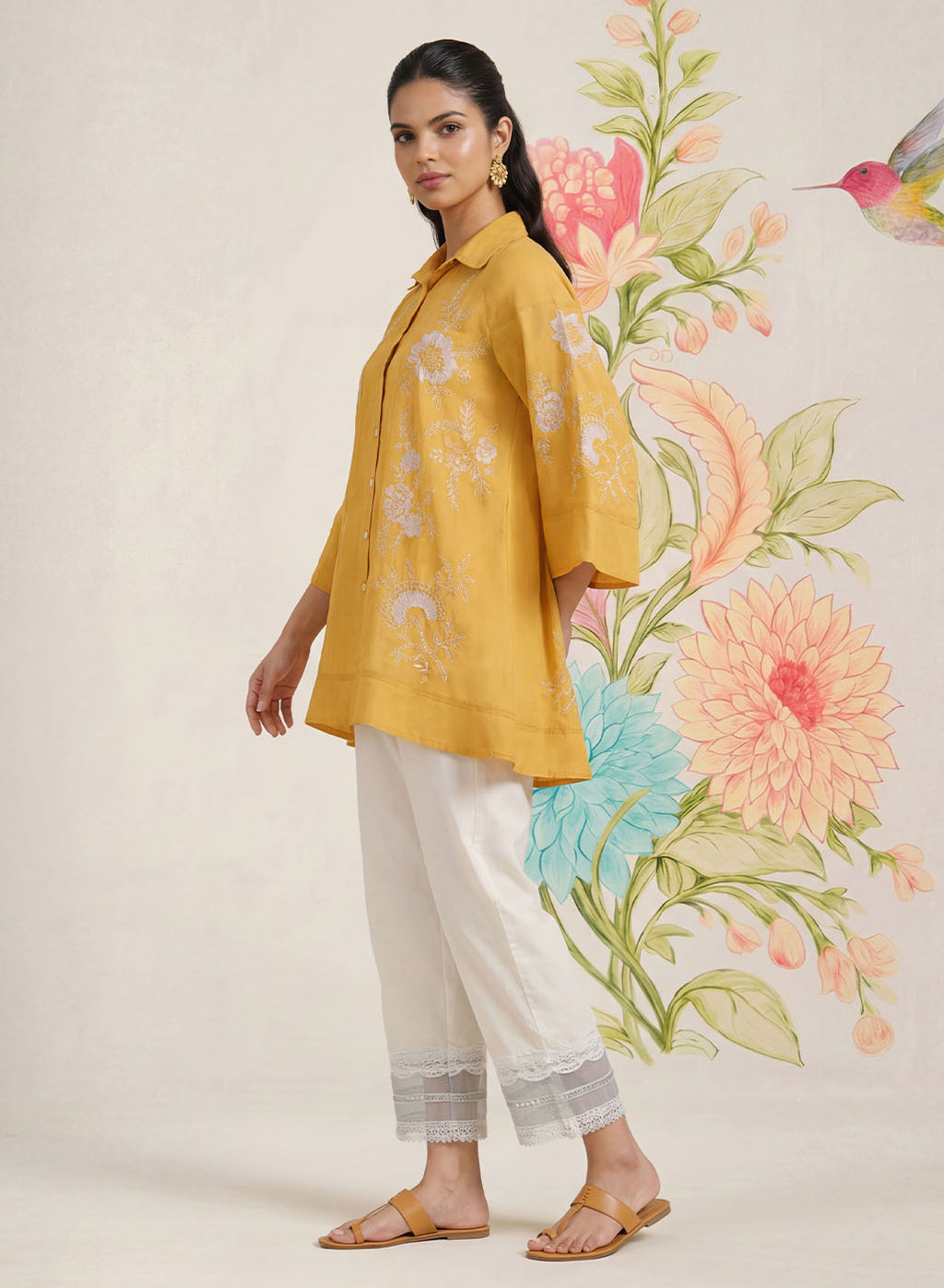 Maitri Mustard Embroidered A-line Tunic