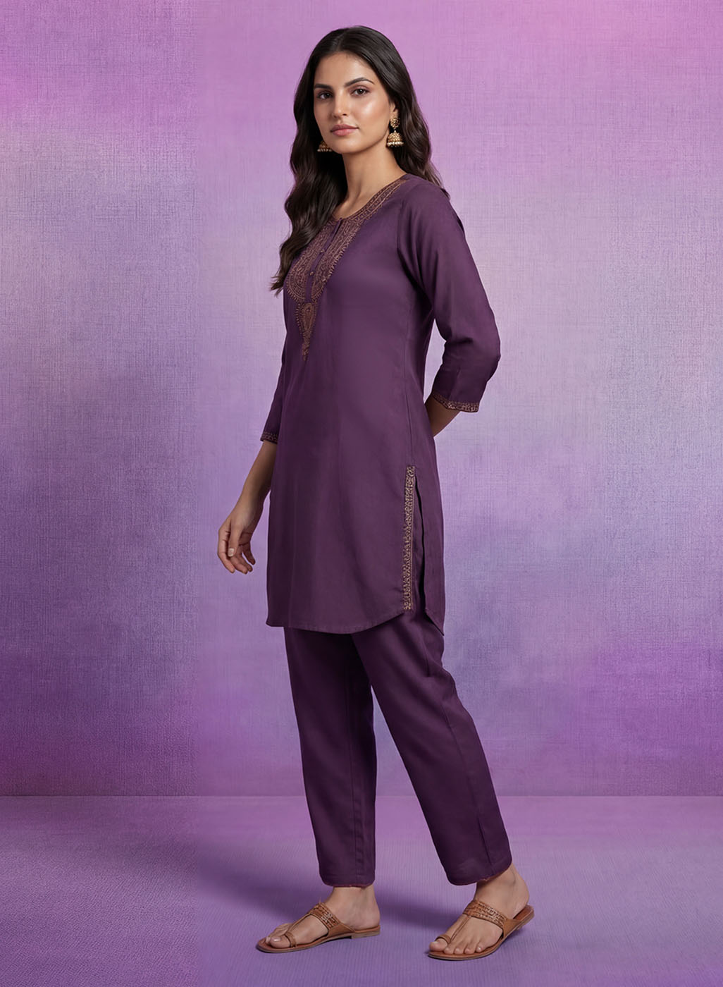 Purple Embroidered Suit Set and Dupatta