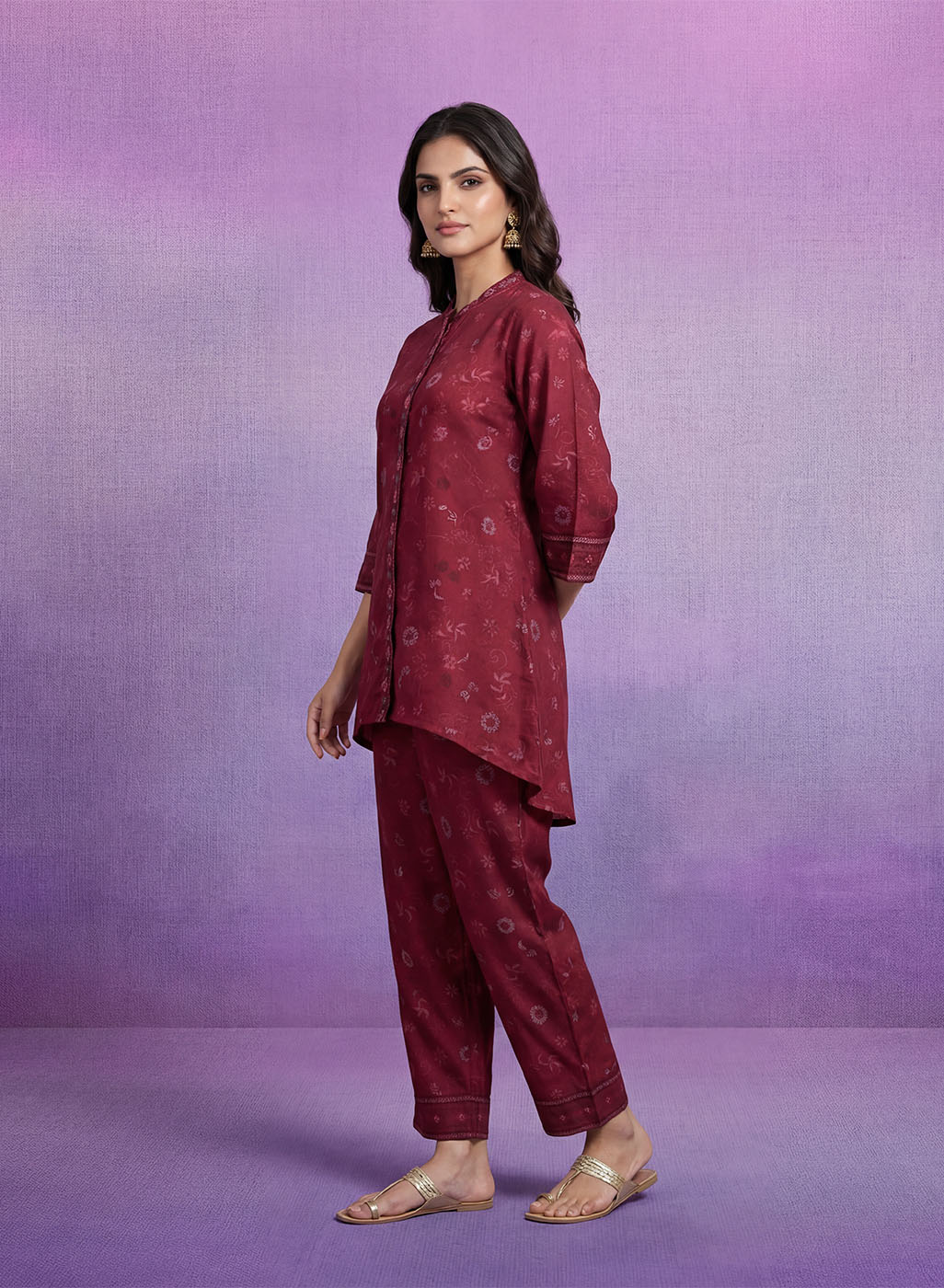 Maroon Embroidered Panelled Co-ord Set
