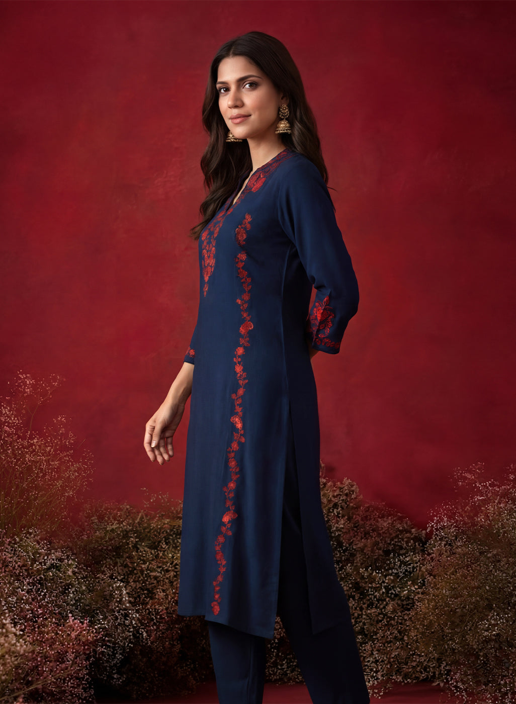 Navy Blue Embroidered Cotton Blend Everyday Kurta