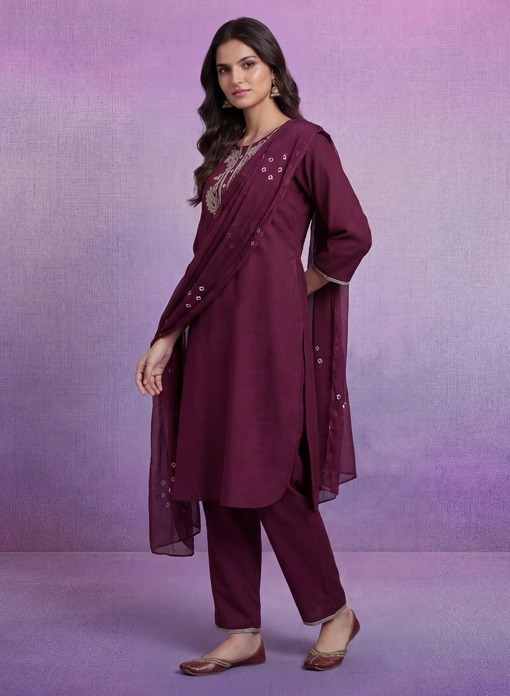 Wine Embroidered Straight Suit Set with Dupatta