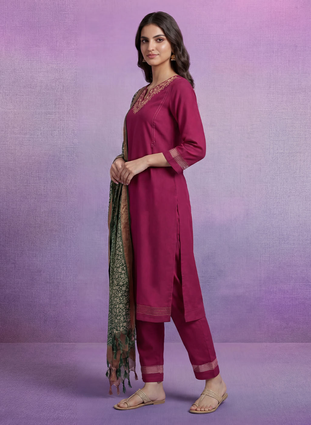 Fuchsia Embroidered Suit Set with contrast Dupatta