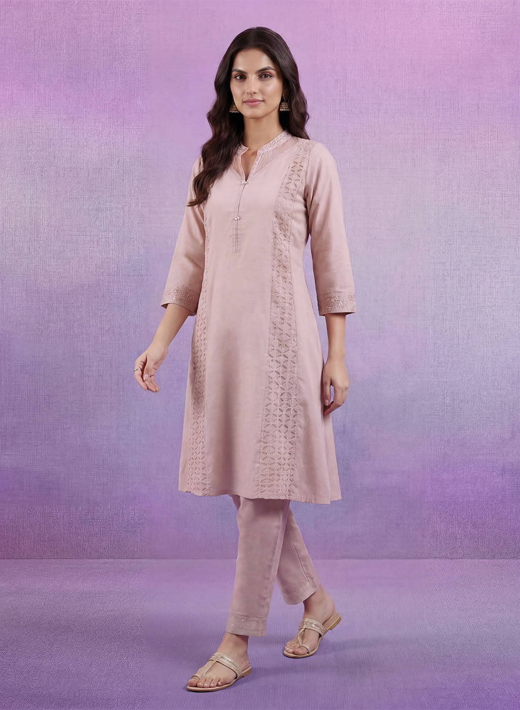 Cream Embroidered A-line Kurta Set
