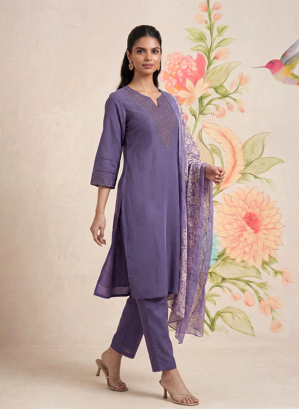 Ragini Lavender Embroidered Straight Suit Set with Dupatta