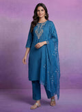 Blue Embroidered Straight Suit Set with Dupatta