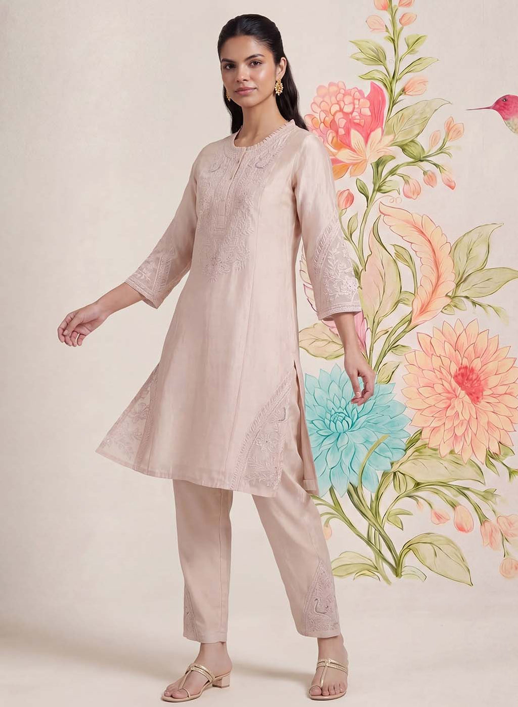 Suroor Light Beige Embroidered Chanderi Kurta Set