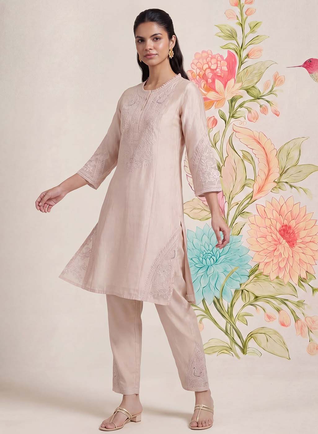 Suroor Light Beige Embroidered Chanderi Kurta Set