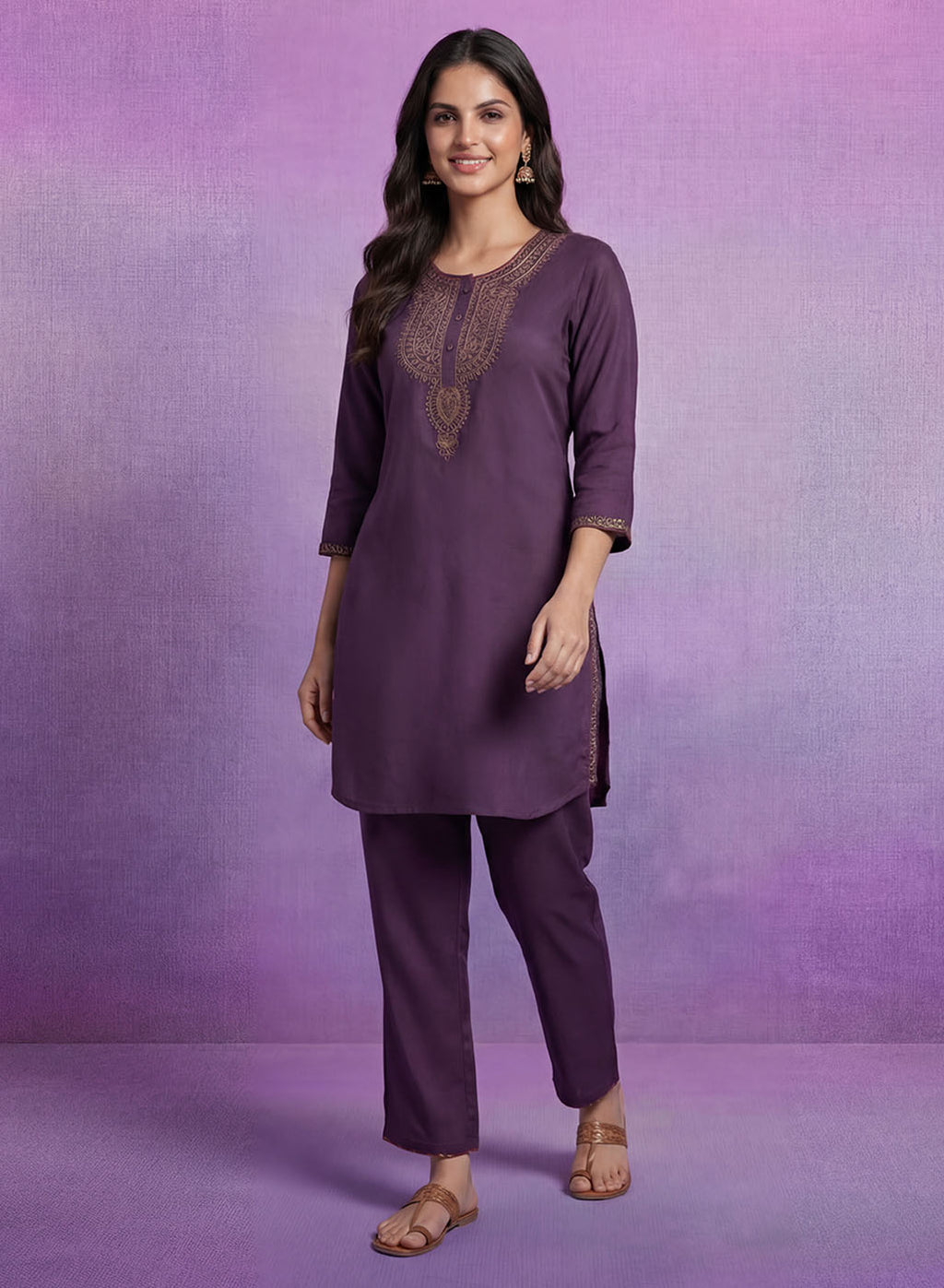 Purple Embroidered Suit Set and Dupatta
