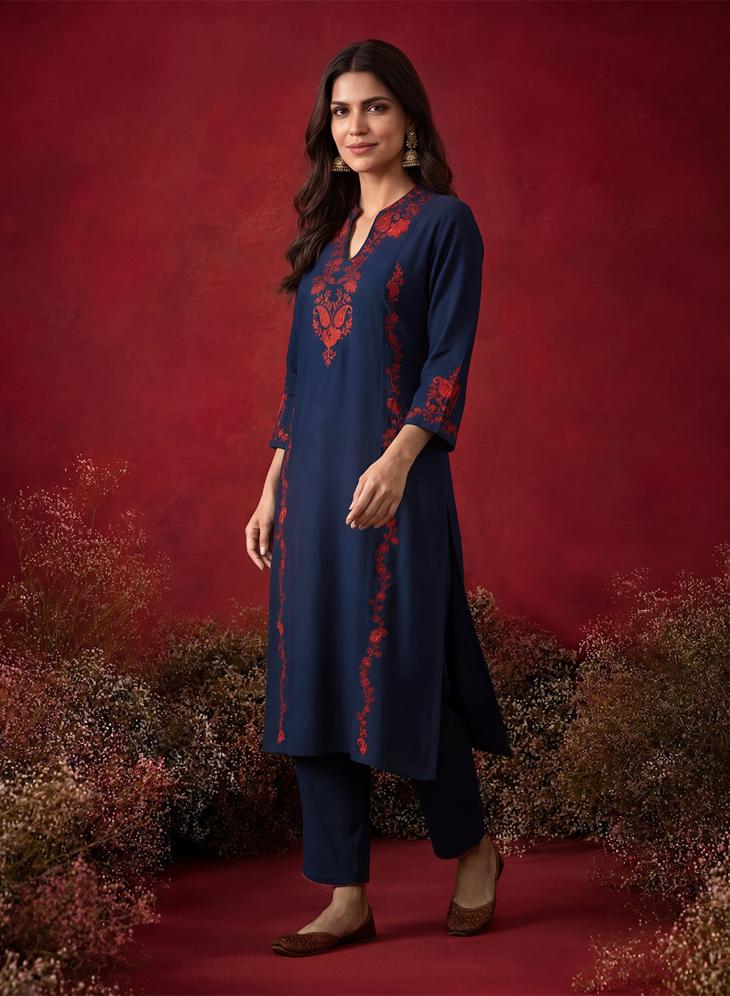 Navy Blue Embroidered Cotton Blend Everyday Kurta