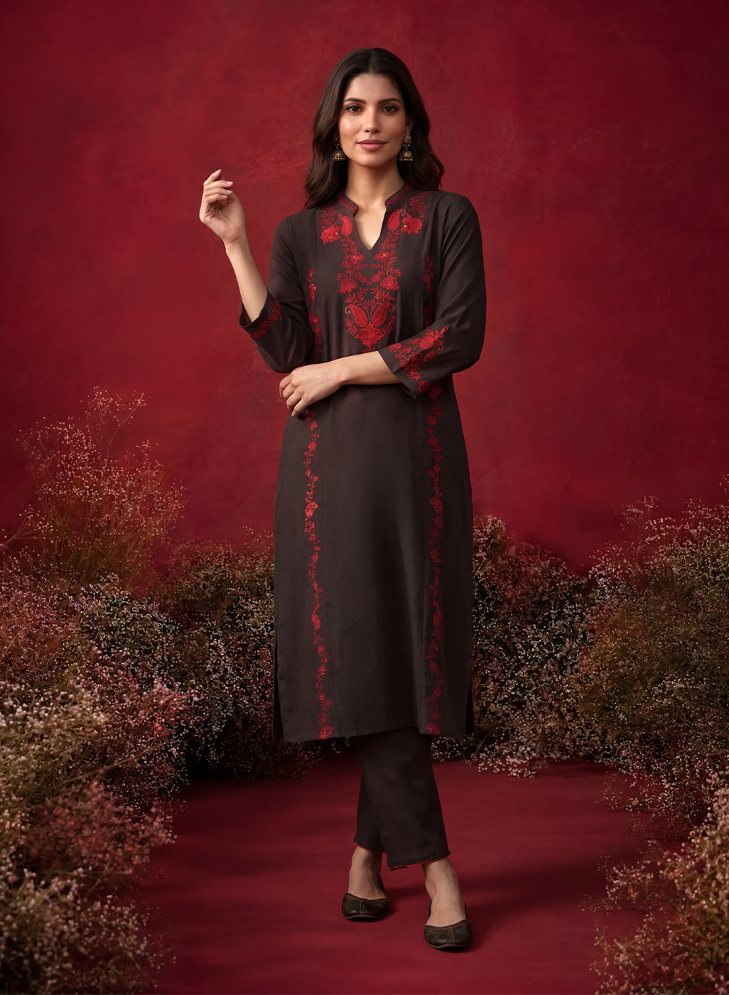 Brown Embroidered Cotton Blend Everyday Kurta