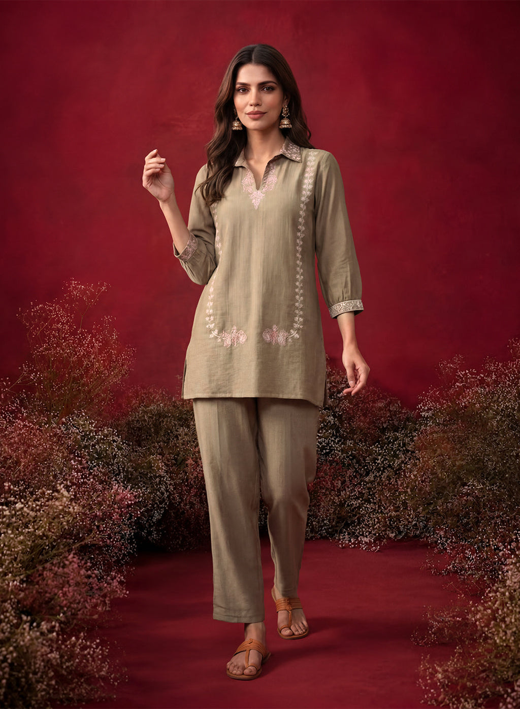 Green Embroidered Cotton Blend Regular Co-ord Set