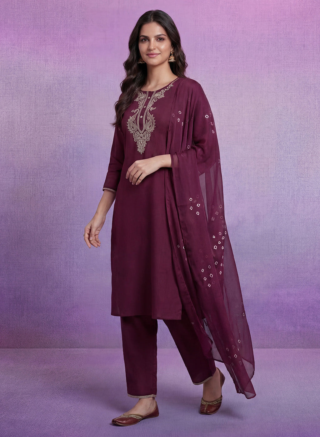 Wine Embroidered Straight Suit Set with Dupatta