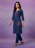 Blue Cotton Blend Embroidered Kurta Set