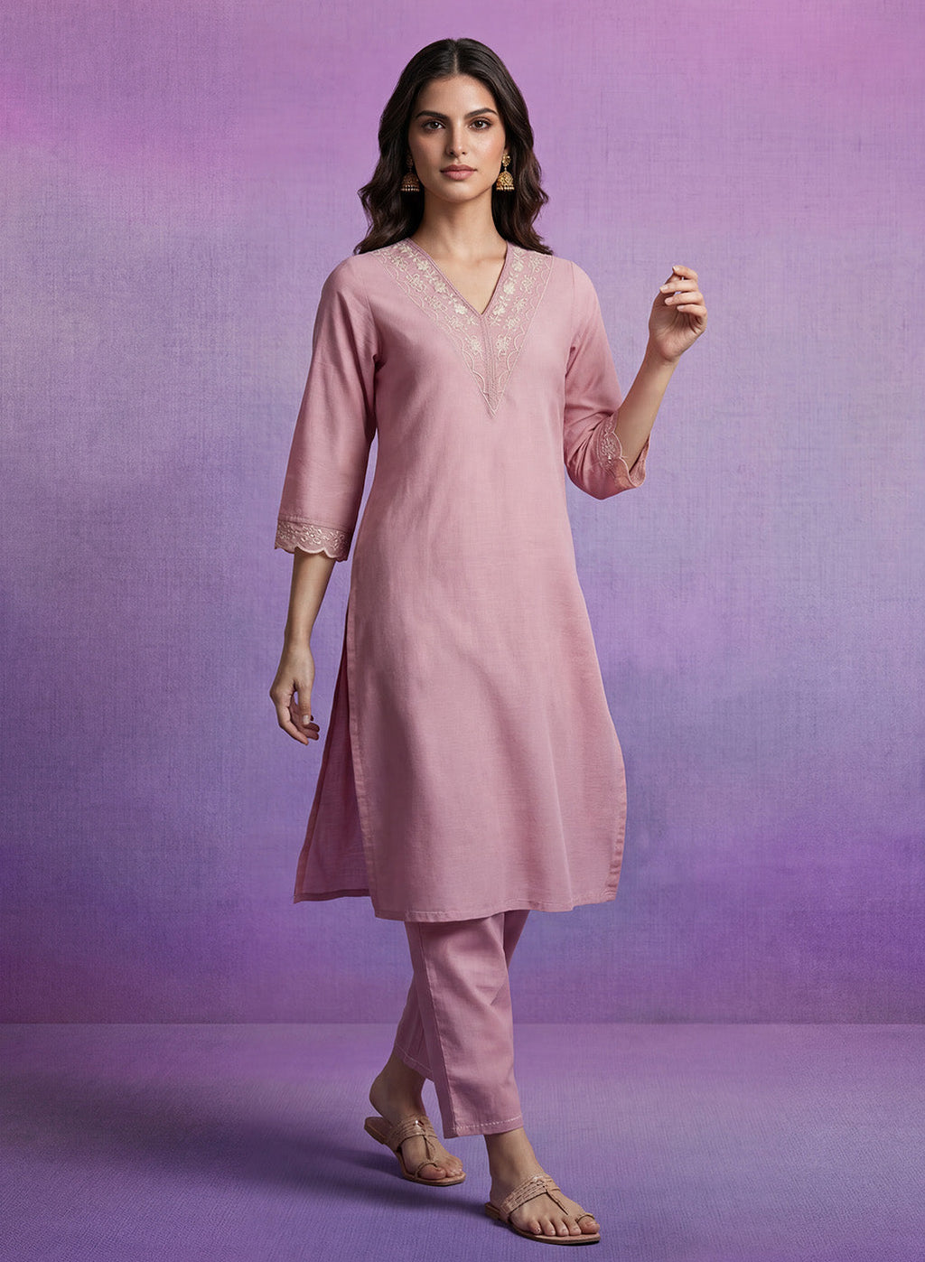 Pink mbroidered Suit Set with Dupatta