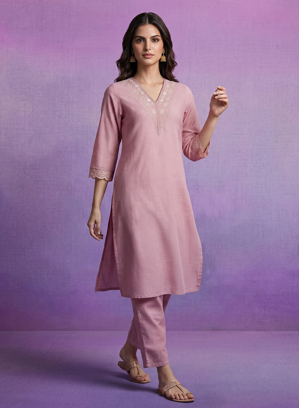 Pink mbroidered Suit Set with Dupatta