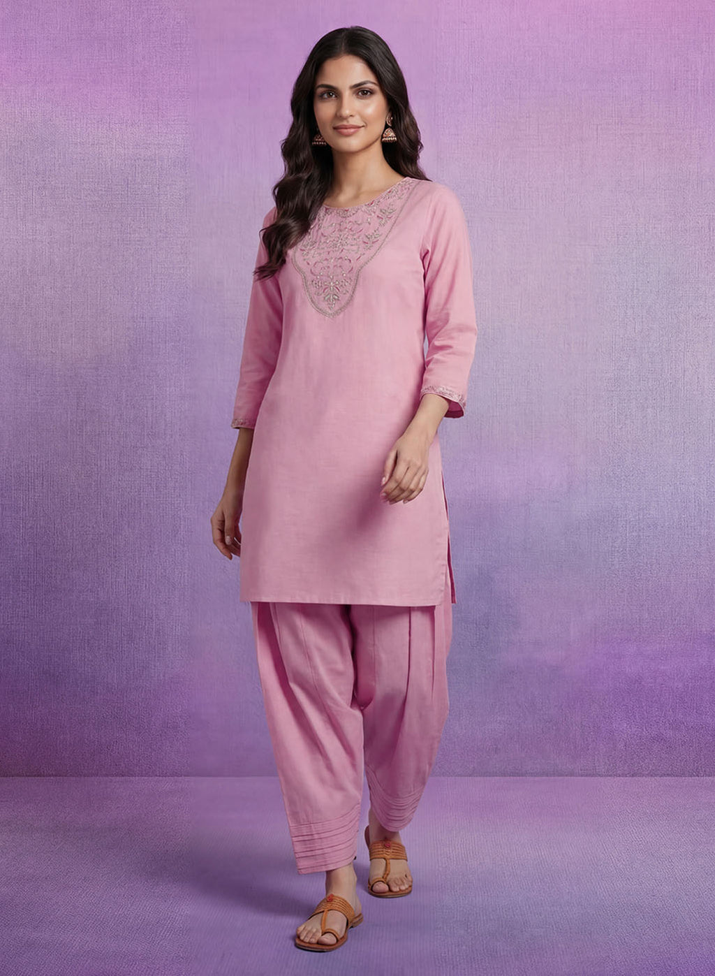 Pink Embroidered Cotton blend Kurta Set