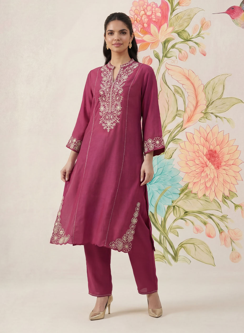 Saroja Dark Fuchsia Embroidered A-line Kurta Set