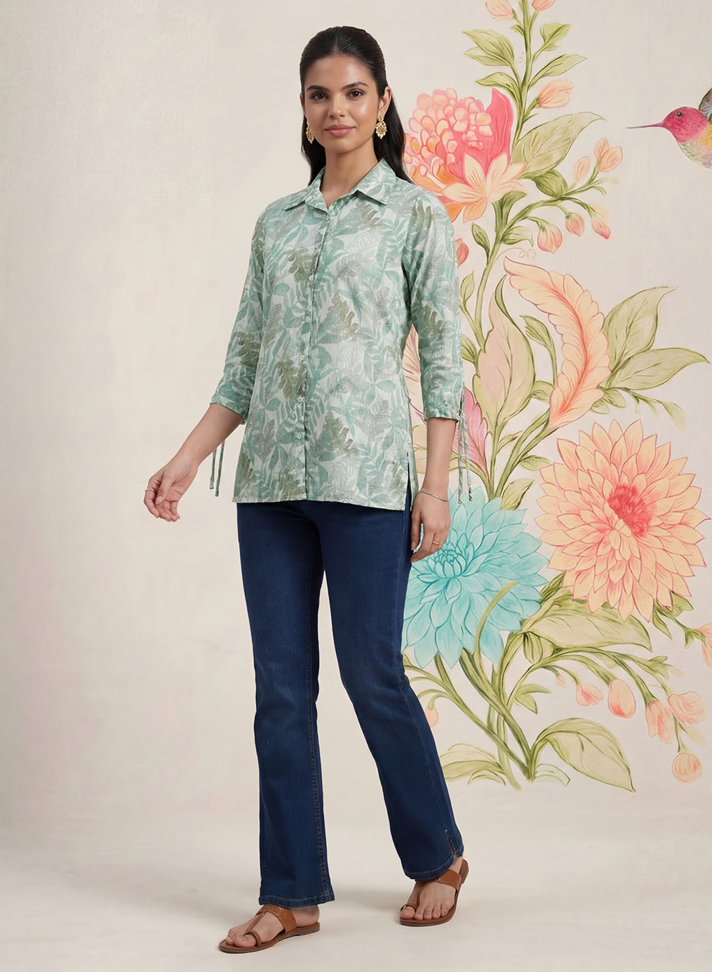 Aro Mint Green Floral Printed Shirt
