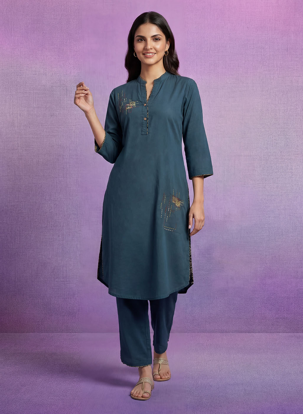 Teal Applique-work Kurta Set