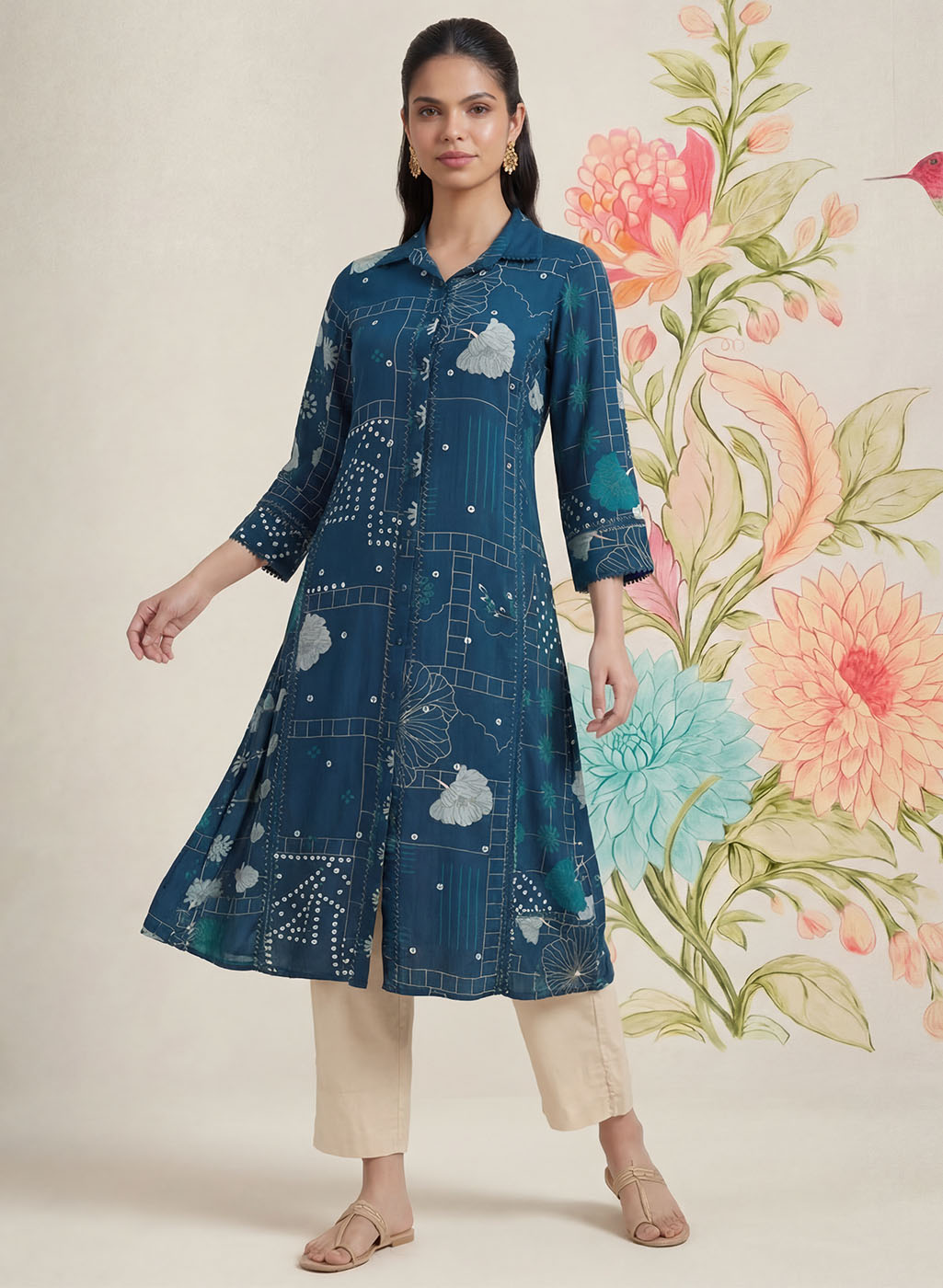 Bani Navy Printed Straight Kurti