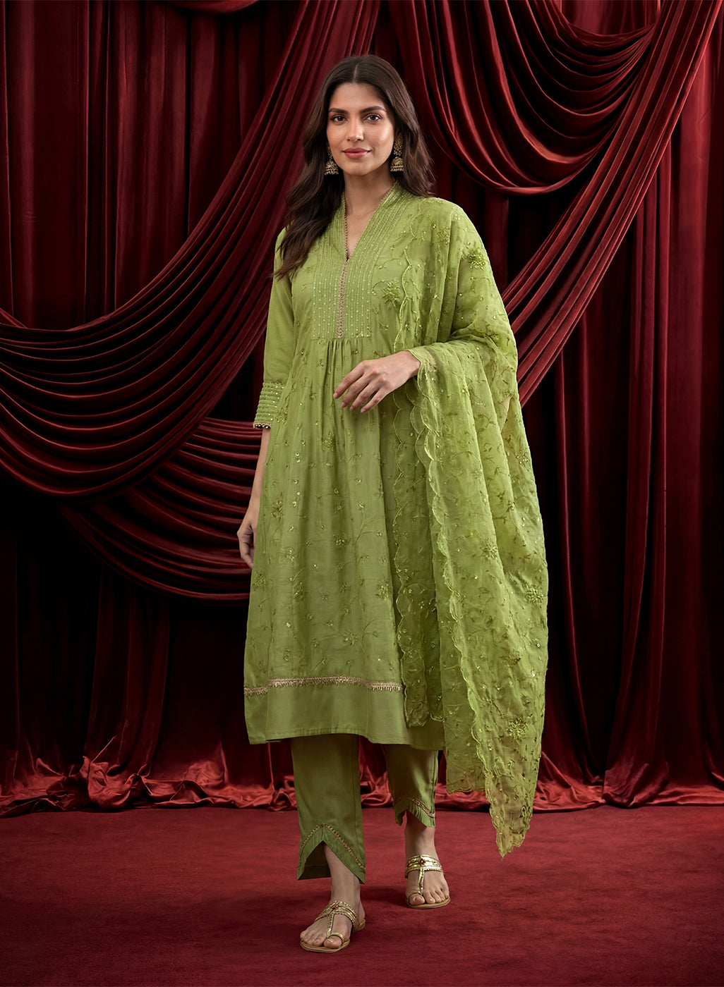 Spring Green Embroidered Chanderi Suit Set