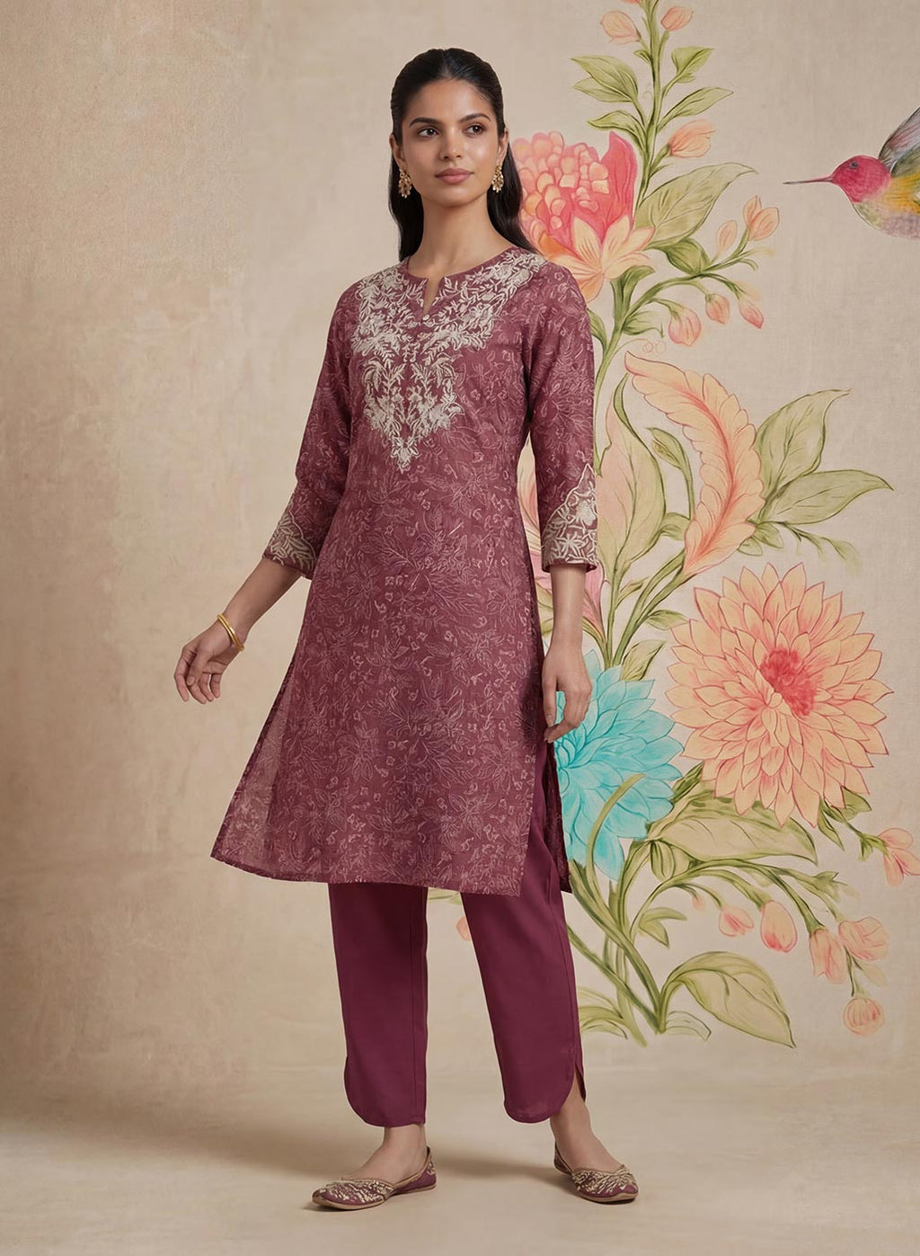 Iraavat Wine Embroidered Cotton Kurta Set