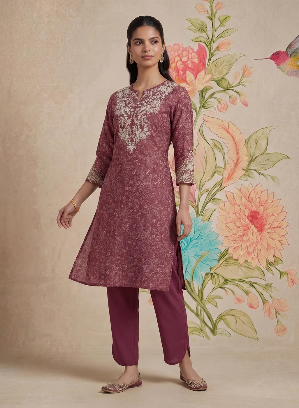 Iraavat Wine Embroidered Cotton Kurta Set