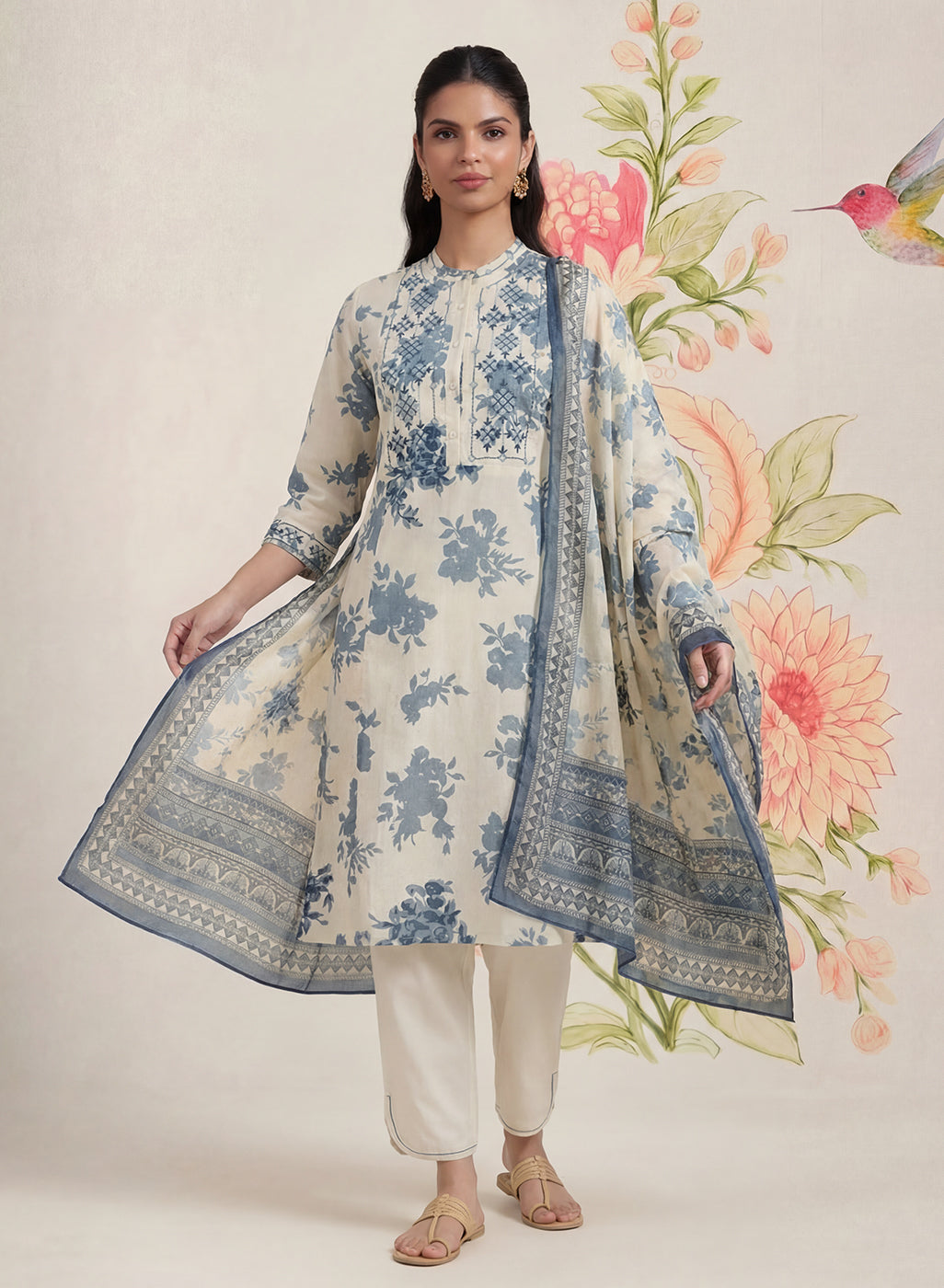 Falguni Blue Printed Cotton Suit Set with Dupatta