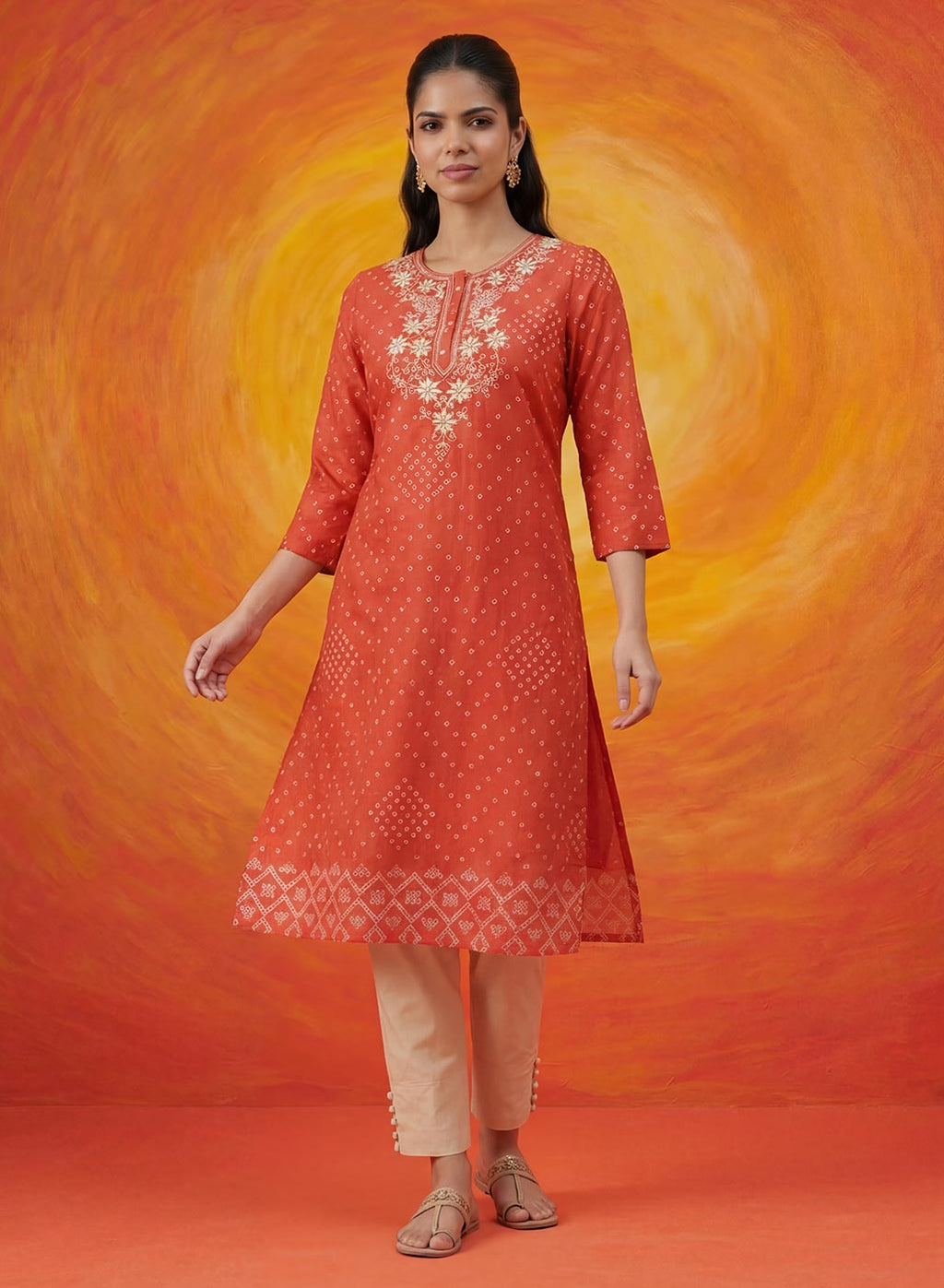 Khas Orange Bandhni Printed Straight Kurta