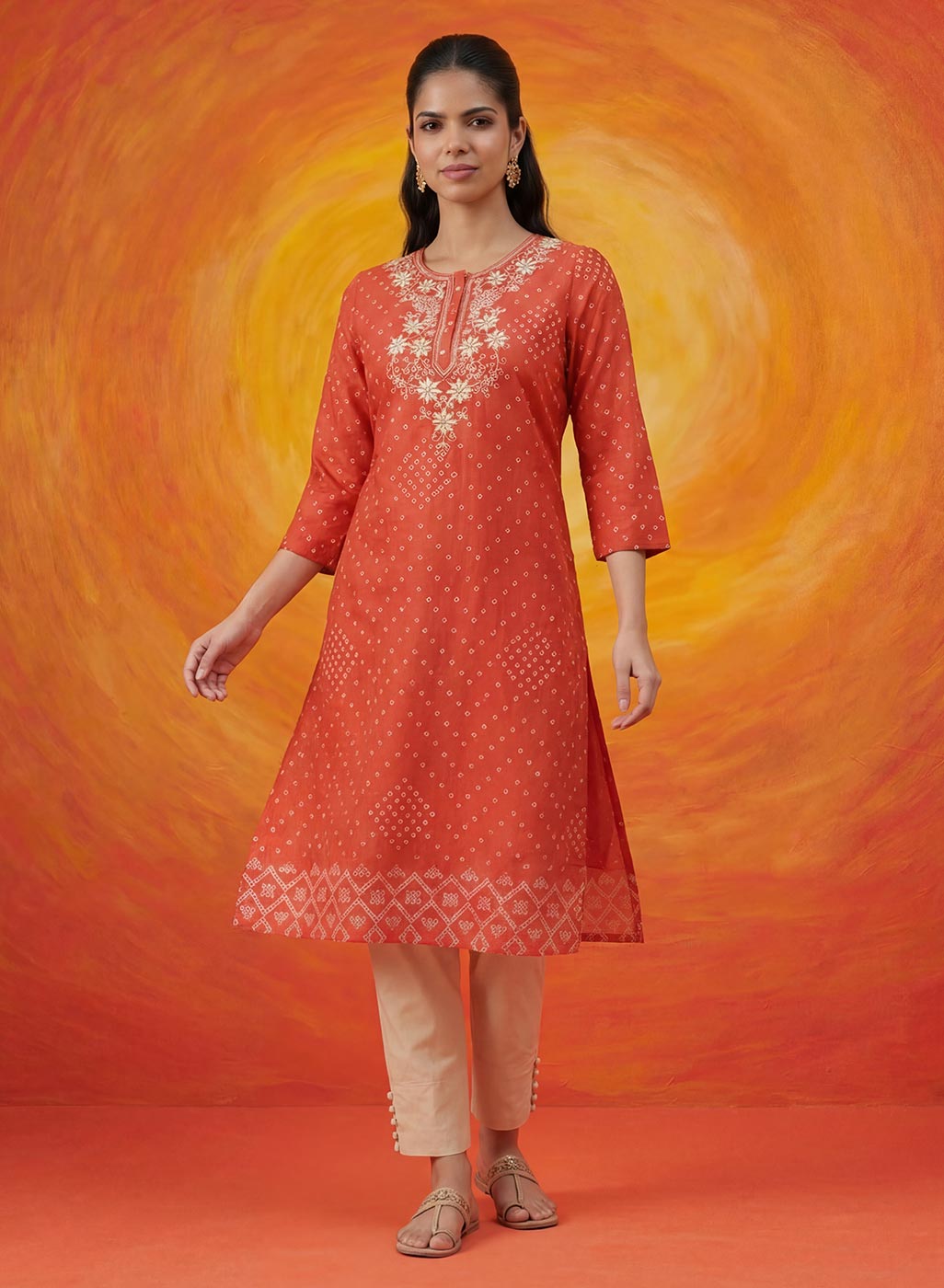 Khas Orange Bandhni Printed Straight Kurta