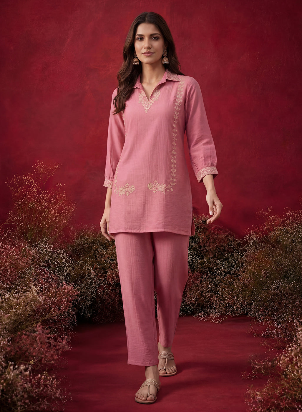 Peach Embroidered Cotton Blend Regular Co-ord Set