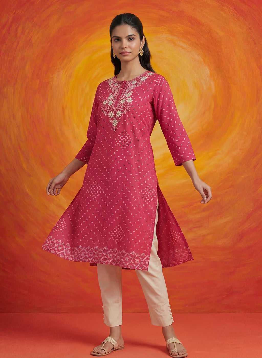 Khas Fuchsia Bandhni Printed Straight Kurta