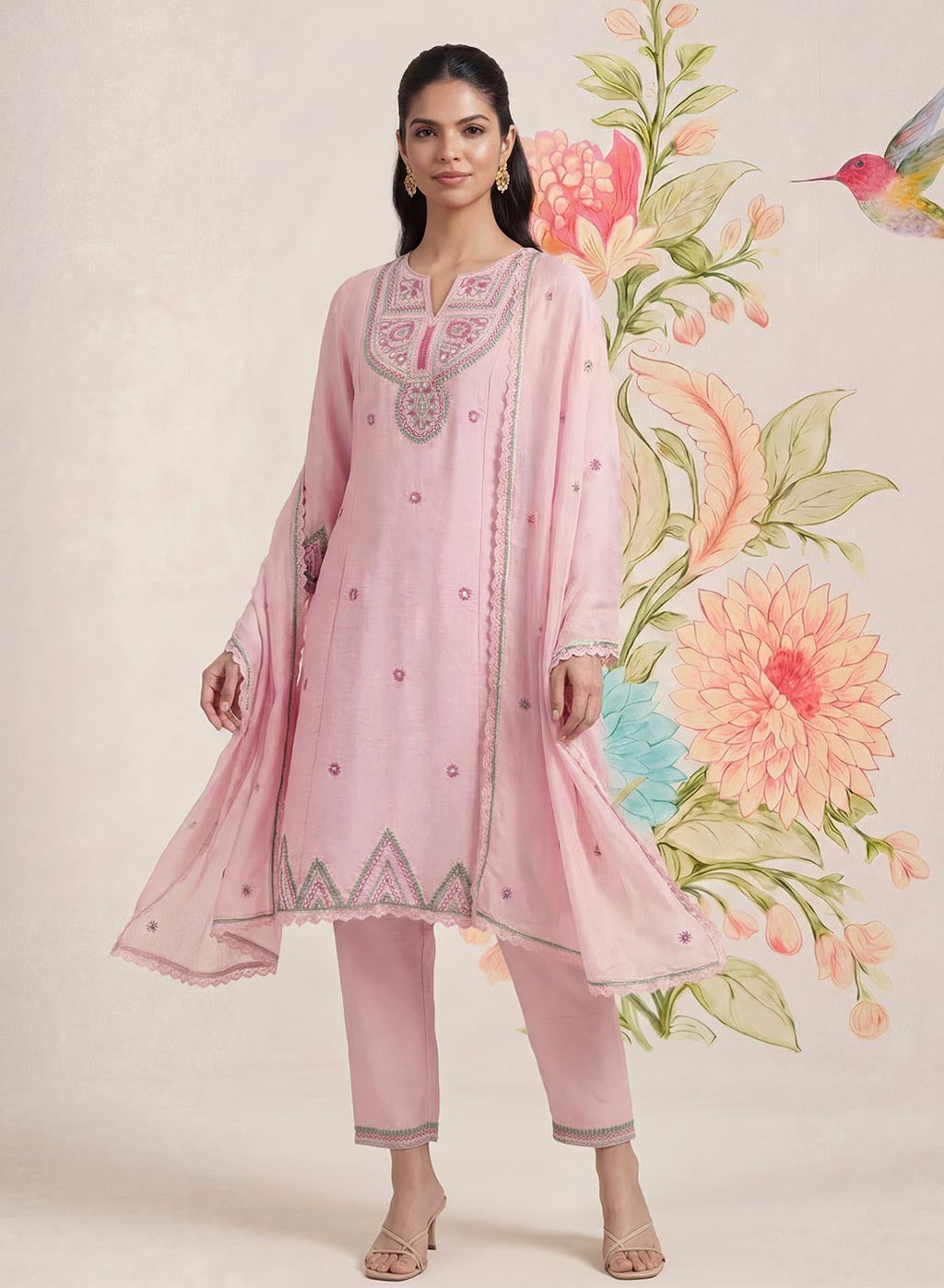 Albeli Pink Embroidered A-line Suit Set with Dupatta