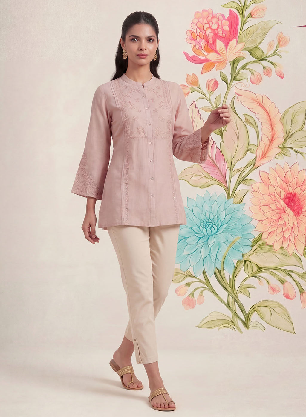 Tiri Baby Pink Monochrome Embroidered Shirt