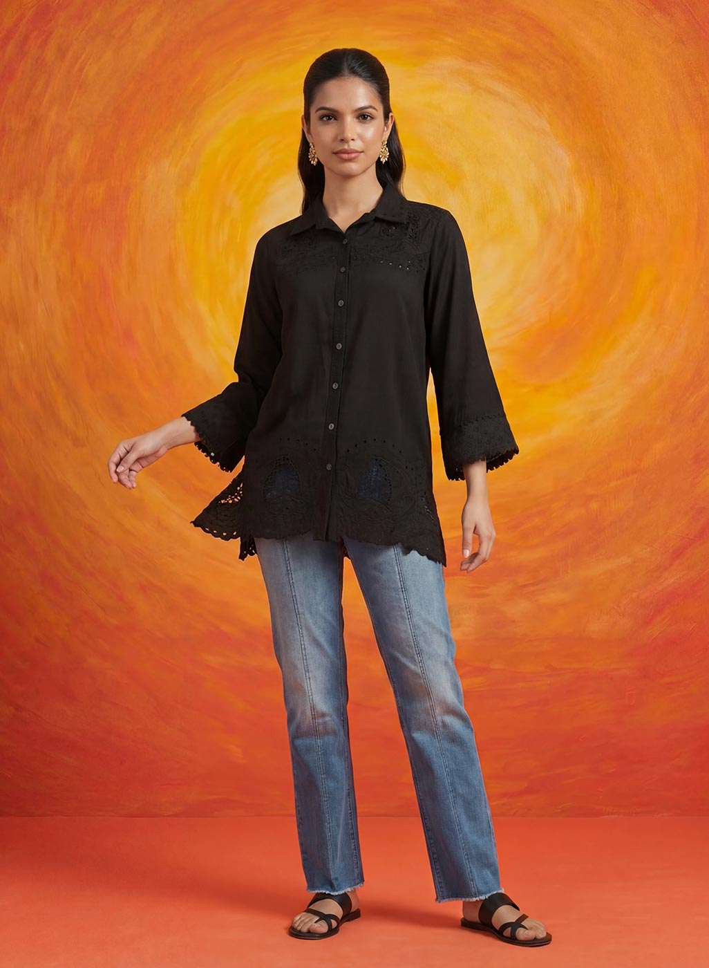 Nriti Black Embroidered Cotton- Blend Shirt