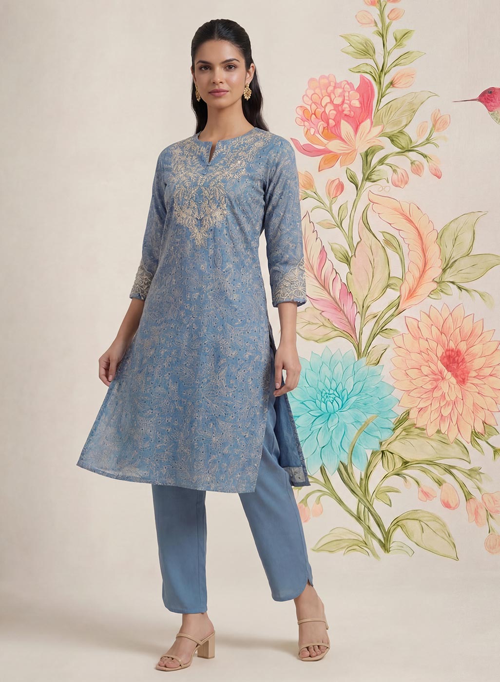 Iraavat Blue Embroidered Cotton Kurta Set