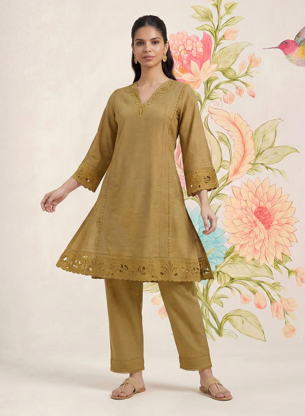 Shayeri Olive Embroidered A-line Kurta Set