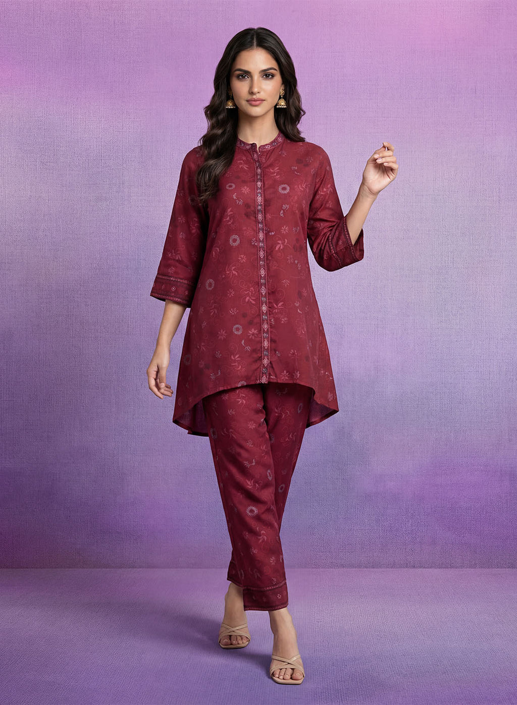 Maroon Embroidered Panelled Co-ord Set