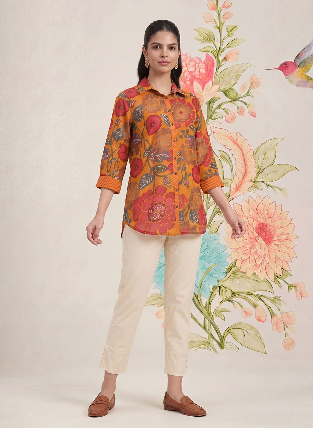 Survani Mustard Floral Printed Cotton Shirt