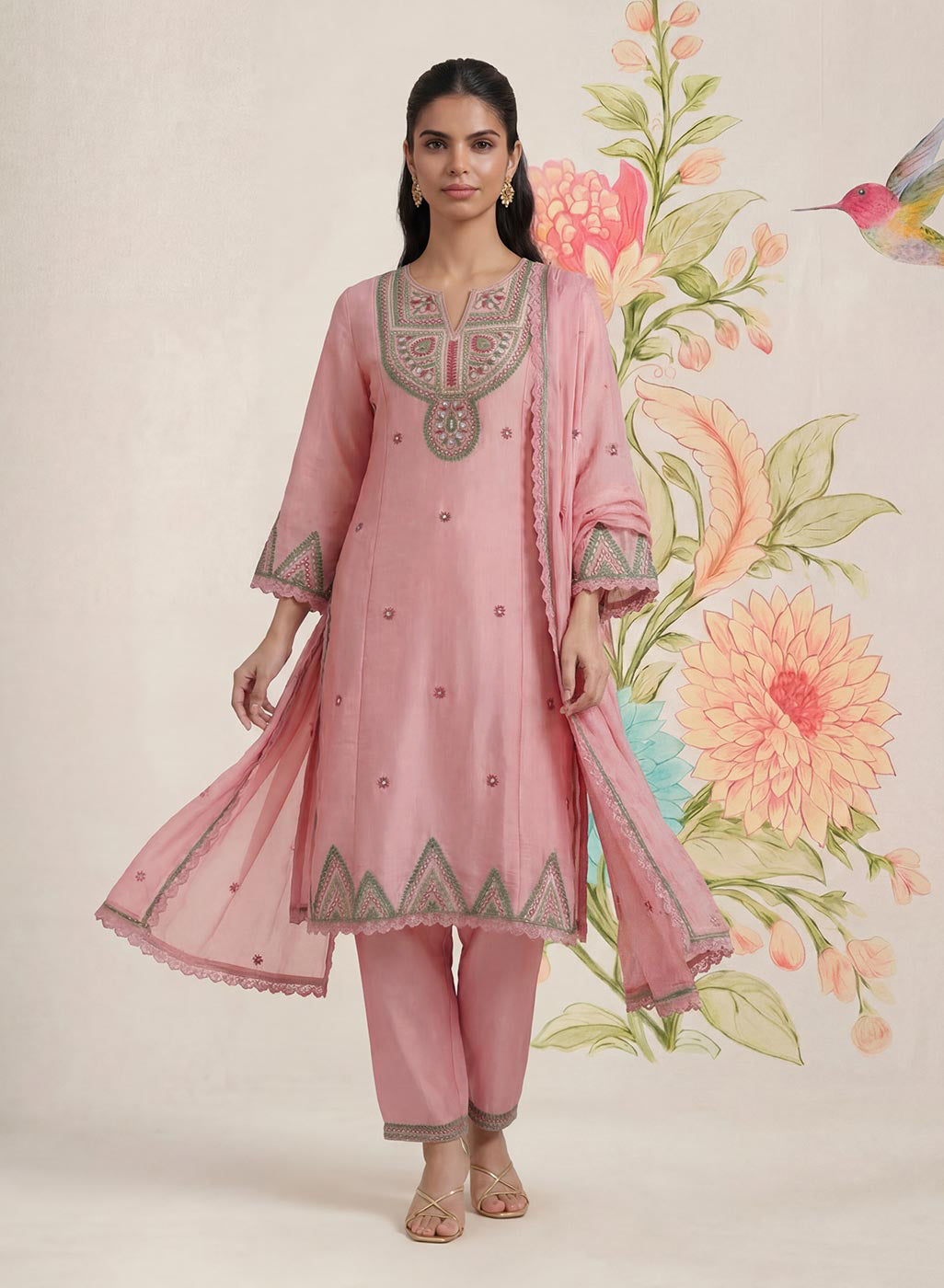 Albeli Baby Pink Embroidered A-line Suit Set with Dupatta