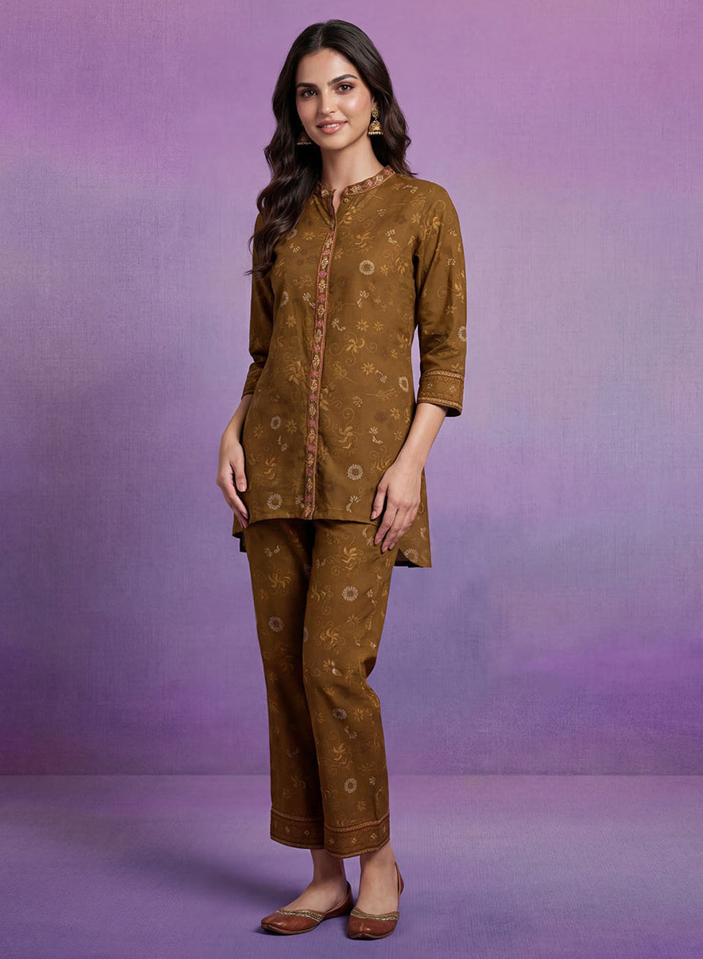 Olive Embroidered Panelled Co-ord Set