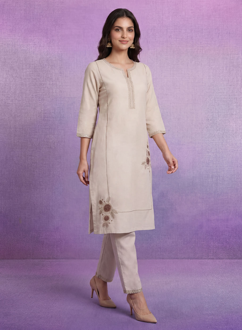 Ivory Cotton Blend Embroidered Kurta Set