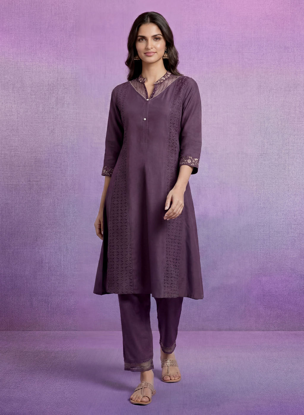 Purple Embroidered A-line Kurta Set