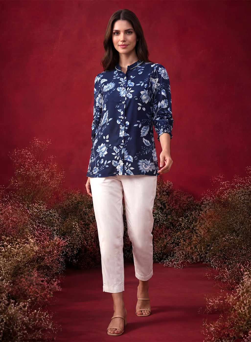 Navy All Over Printed Satin Shirt