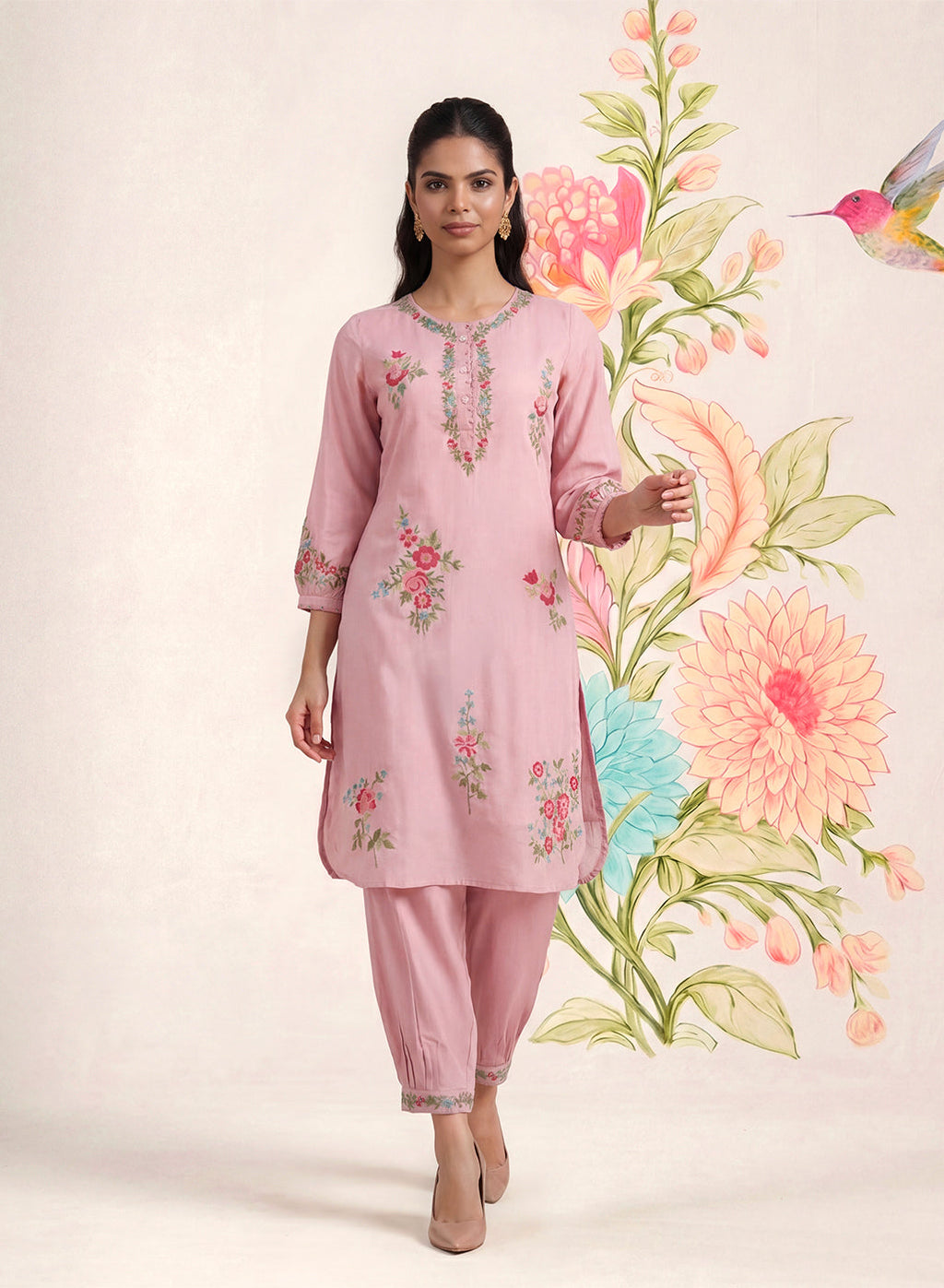 Saavan Pink Embroidered Cotton blend Kurta Set