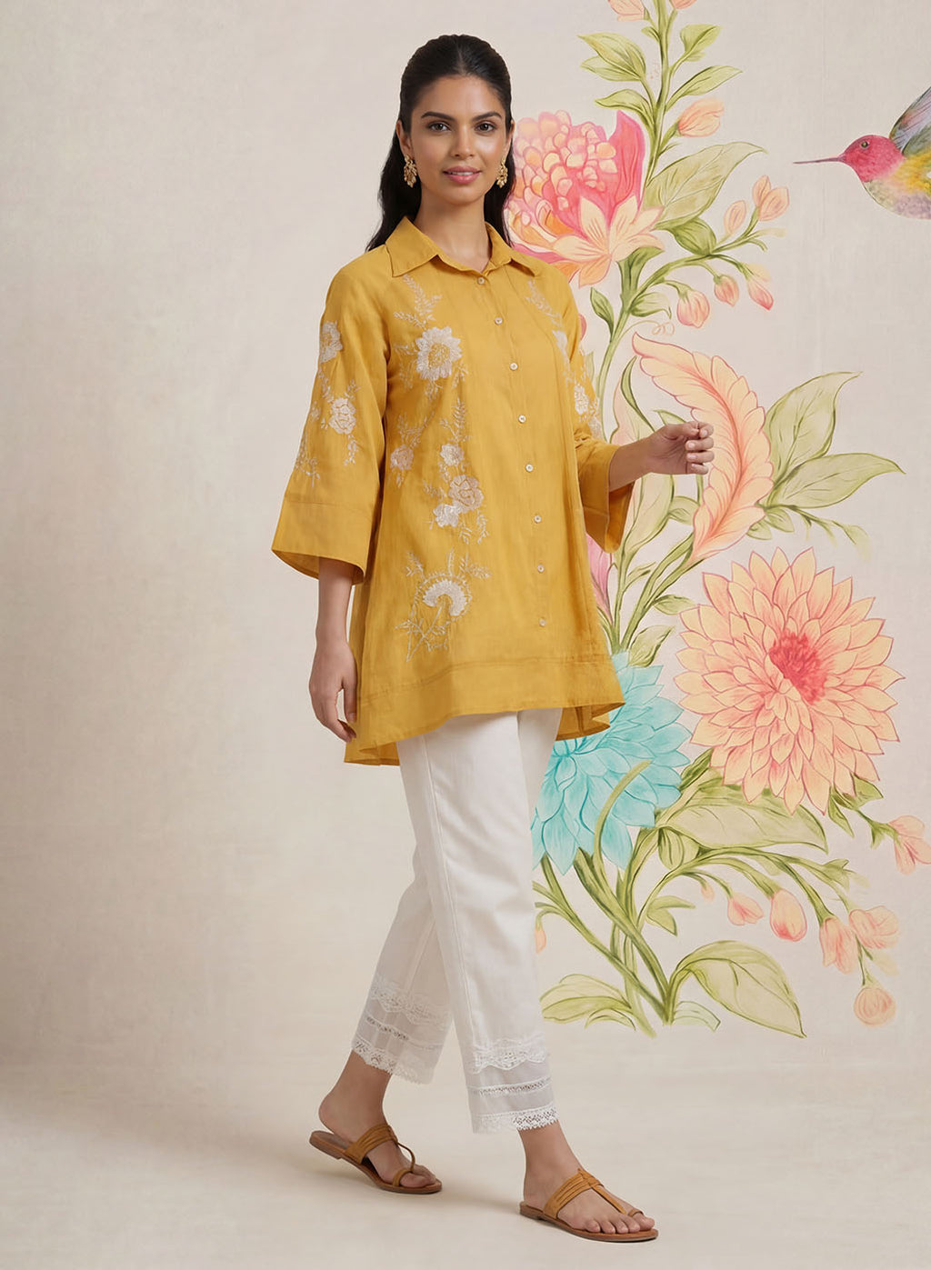 Maitri Mustard Embroidered A-line Tunic