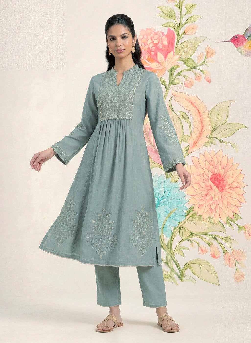 Malang Green Embroidered A-line Kurta Set