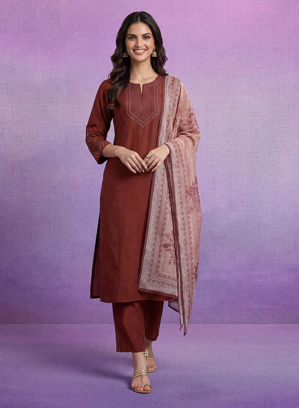 Fuchsia Embroidered Silk Suit Set with contrast Dupatta
