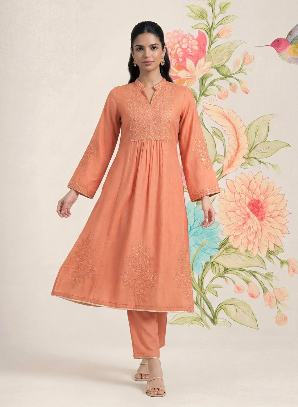 Malang Light Orange Embroidered A-line Kurta Set